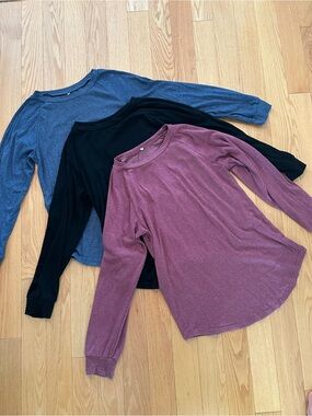 Women's Long-Sleeve Crewneck Top - Set of 3- Mauve, Black, Blue